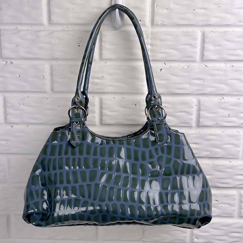 CHARLIE LAPSON Croc Embossed blue and green patent shoulder satchel bag